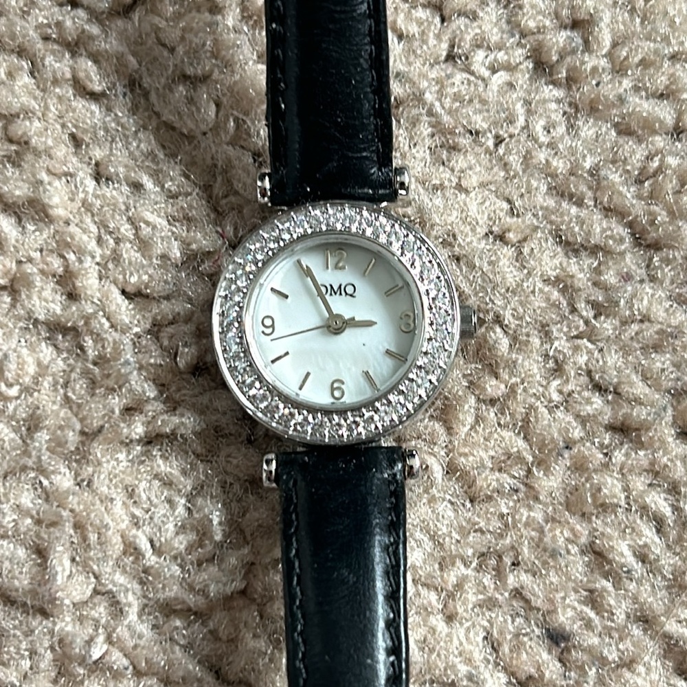 DMQ women’s vintage dainty black/silver crystal genuine leather adjustable watch